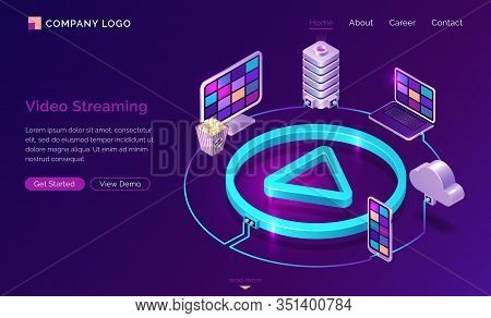Video Streaming Isometric Landing Page, Digital Gadgets Connected Via Cloud Storage System Around Of