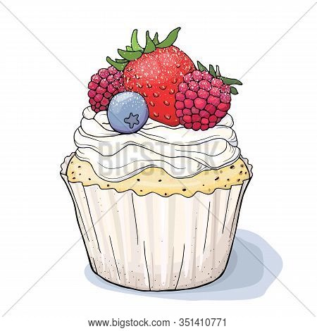 Cupcake With White Cream And Berries Isolated On White Background. Vector Illustration.