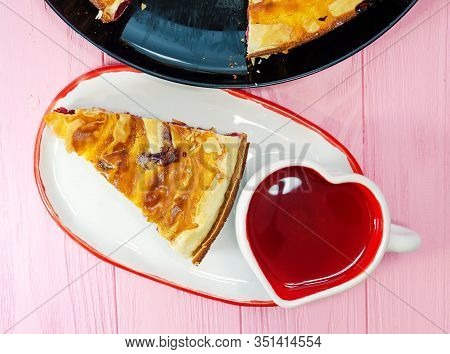 Fresh Slice Of Cherry Pie With Heart Shaped Cup.traditional Bulgarian Pie Banitsa Made From Filo Pas