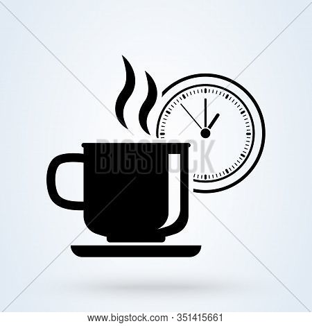 Coffee Or Tea Cup With Clock Symbol. Coffee Time Illustration. Coffee Break, Rest Sign. Mug With Clo
