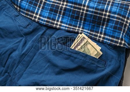 A Close Up Dollar Cash Money Corrency In The Pants, Income Earnings