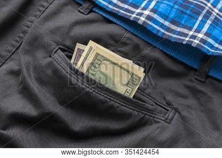 A Close Up Dollar Cash Money Corrency In The Pants, Income Earnings