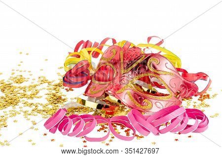 Red Mask With Confetti And Streamers Isolated On A White Background.