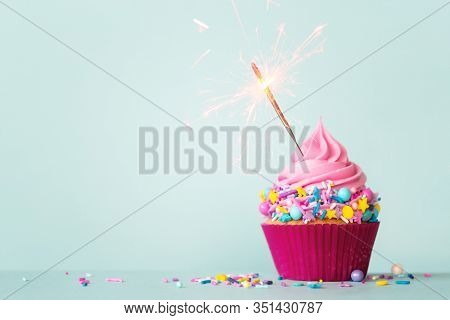 Birthday cupcake with sparkler and colorful sprinkles
