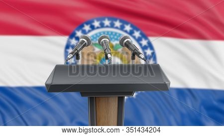 3d Illustration. Podium Lectern With Microphones And Missouri Flag In Background