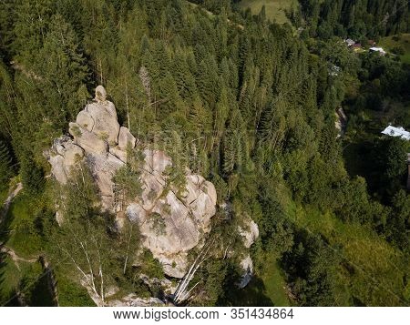 Aerial View Stone Rocks Ternoshorska Lada Amidst Beautiful Scenic Carpathian Mountains And Forest. S