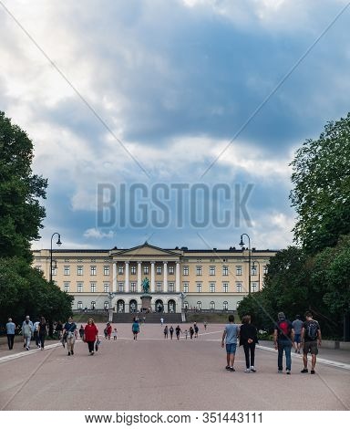Oslo, Norway - August 3, 2018: People Walking In Main Street Karl Johans Gate At Slottsplassen, Roya
