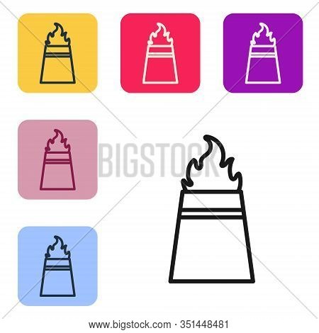 Black Line Oil Rig With Fire Icon Isolated On White Background. Fire Accident. Gas Tower. Industrial