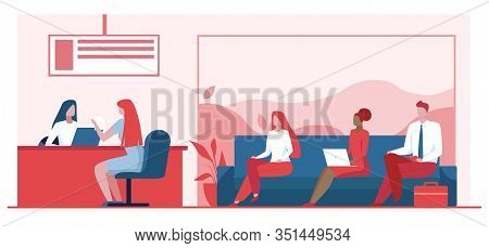 Bank Worker Providing Service To Customers. People In Bank Office Sitting In Line Flat Vector Illust