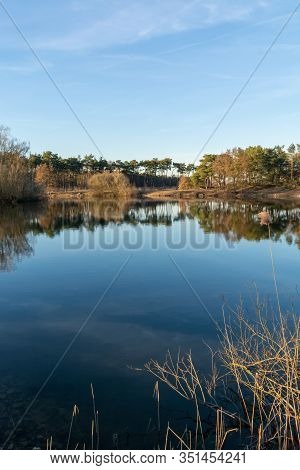 Mirror Forest Lake With Reflection In Winter Sunny Day, De Kempen Regio In North Brabant, Netherland