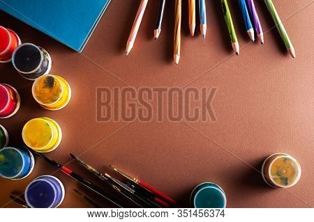School Supplies On Brown Wooden Table, Odjects