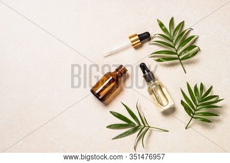 Hyaluronic Acid, Botulin, Face Serum In Vial. Flat Lay Image With Copy Space.