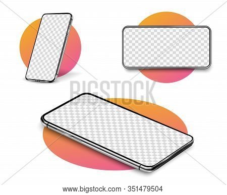 Smartphone Mockup. Realistic Cellphone With Blank White Screen, Modern Mobile Phone In Different Ang