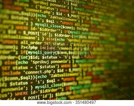 Yellow Unique Background. Programming Php On Laptop Computer Screen. Program Code Php Html Css Of Si