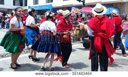 Cuenca, Ecuador - April 11, 2019: Folk Dancers In Costumes Typical For Azuay Province As Cholas Cuen