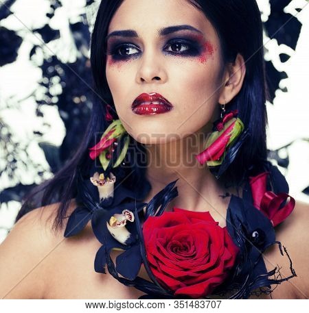 Pretty Brunette Woman With Rose Jewelry, Black And Red, Bright Make Up Kike A Vampire Closeup Red Li