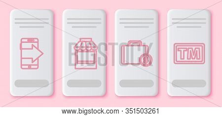 Set Line Smartphone, Mobile Phone, Shopping Building Or Market Store, Briefcase And Money And Tradem