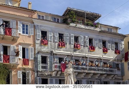 Island Corfu, Greece. 04/07/2018. Traditional, Greek Procession In The City On Easter With A Large G