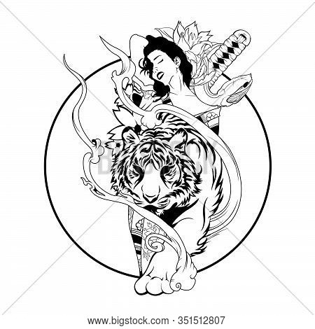 Tiger Snake Flower Girls Oriental Tattoo Line Aom Eki