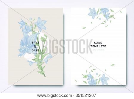 Botanical Wedding Invitation Card Template Design, Platycodon Or Balloon Flowers And Leaves With Cir