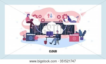 Cloud Technology And Data Computing. Cloud Storage Service. Distributed Business And Developer Team.