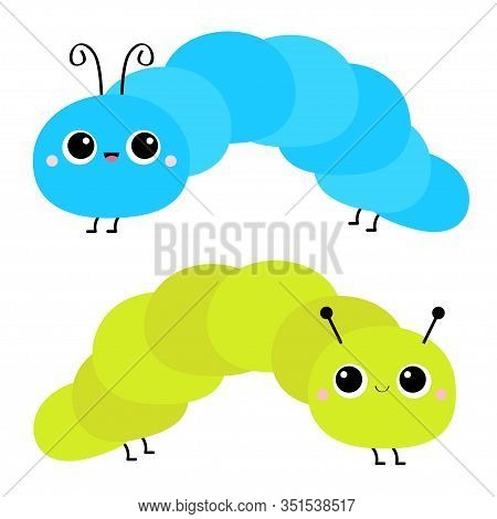 Caterpillar Insect Icon Set. Cute Crawling Catapillar Bug. Cartoon Funny Kawaii Baby Animal Characte