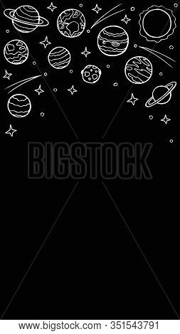 Cosmos Template For Stories, Empty Space For Text. Hand-drawn Doodle Stars And Planets Of The Solar 