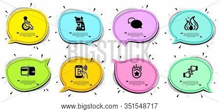 Disability, Microscope And Click Hands Signs. Chat Bubbles With Quotes. Fire Energy, Bitcoin Pay And