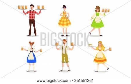 Waiters In Uniform Serving Beer Drinks Vector Illustration