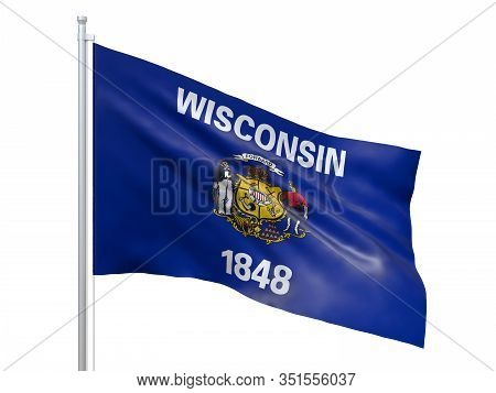 Wisconsin (u.s. State) Flag Waving On White Background, Close Up, Isolated. 3d Render