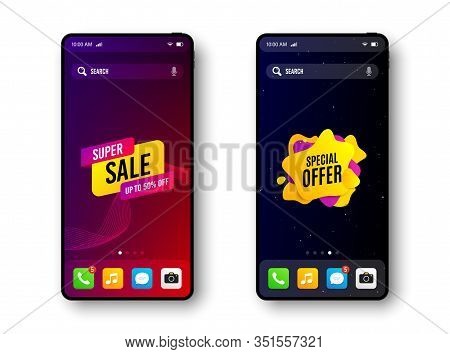 Special Offer And Super Sale. Smartphone Screen Banner. Discount Offer Badge. Mobile Phone Screen In