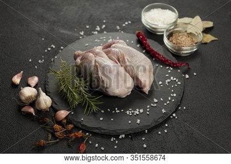 Raw Partridge Meat On Kitchen, Cooking Gourmet Wild Bird. Healthy Diet Recipe.