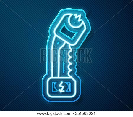 Glowing Neon Line Police Electric Shocker Icon Isolated On Blue Background. Shocker For Protection. 