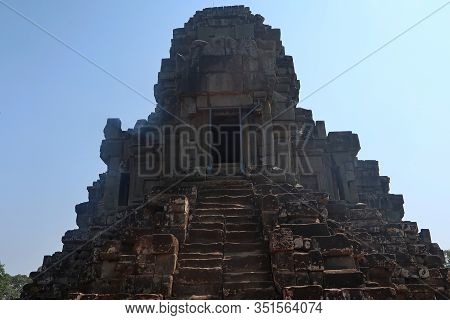 Stone Stairs Leading To Top Of Temple In Angkor Wat, Cambodia, Construction Metal For Saftey