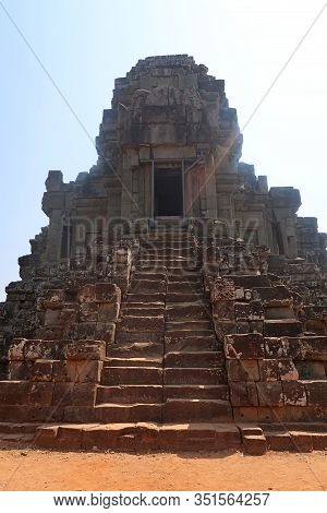 Stone Stairs Leading From Red Sand Up To Top Of Temple In Angkor Wat, Cambodia, Construction Metal F