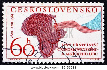 Postage stamp Tsjecho-Slowakije 1961 vrouw, kaart van Afrika en vlag