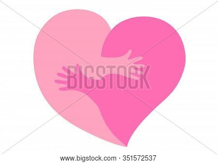 Two Halves Of A Heart Hug Each Other With Hands, Vector Illustration