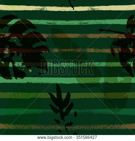 Sailor Stripes Vector Seamless Pattern, Brown Green Khaki Exotic Floral Print. Botanical Jungle Leav