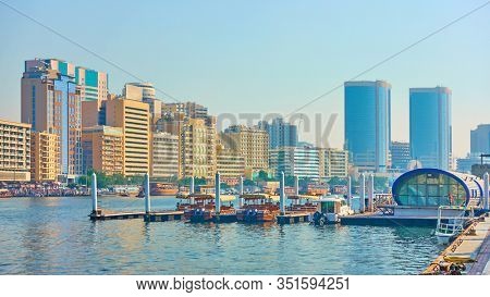 Dubai Creek and Deira district, Dubai, UAE. Panoramic cityscape