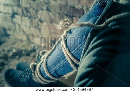 Bound Feet And Hands Of The Girl. Concept Of Kidnapping, Violence