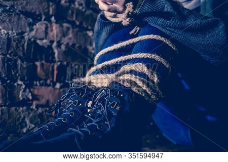 Bound Feet And Hands Of The Girl. Concept Of Kidnapping, Violence