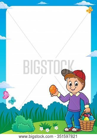 Boy With Easter Eggs Theme Frame 1 - Eps10 Vector Picture Illustration.