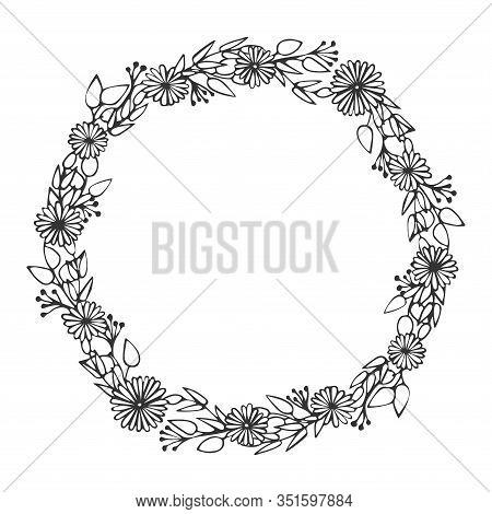 Floral Frame. Spring Blossom. Vector Linear Hand Drawn Illustration. Flowers In Circle. Black And Wh