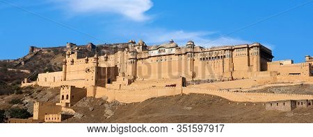 Panorama Of Famous Ancient Amer Fort In Rajasthan State, India. Located High On A Hill, It Is The Pr