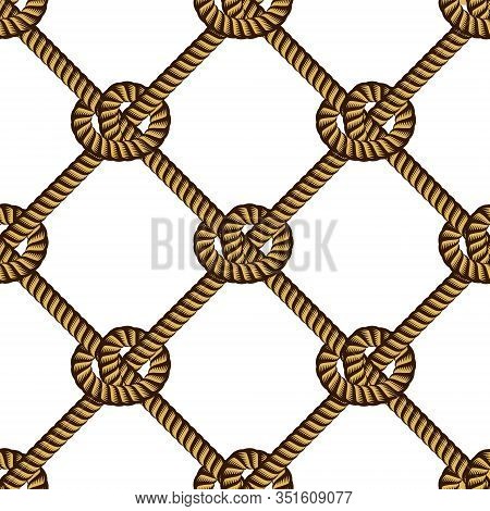 Seamless Nautical Rope Pattern Vector. Endless Navy Illustration With Loop Cord Lines Ornament. Cord