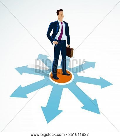 Doubting Businessman Choosing Different Directions Which Way To Go Vector Illustration, Business Man