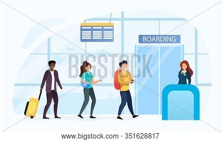 Baggage Drop-off Point At An Airport Terminal With A Queue Of Multiracial Passengers Checking In The