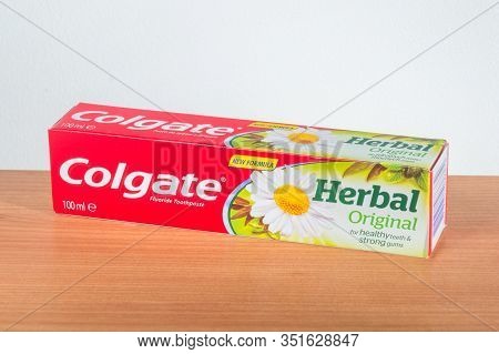 Pruszcz Gdanski, Poland - February 16, 2020: Colgate Fluoride Toothpaste Herbal Original For Healthy