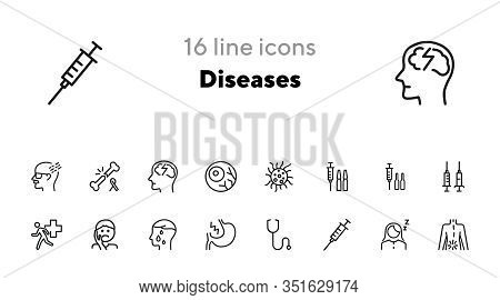 Diseases Line Icon Set. Set Of Line Icons On White Background. Healthcare Concept. Syringe, Injectio