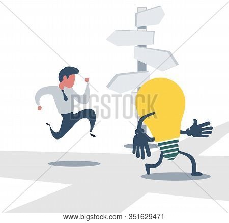 Businessman Run After Idea Bulb Through The Crossroad. Choices Idea And Decision Concept. Stock Flat